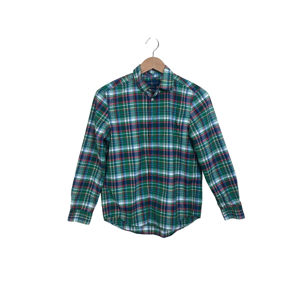 Ralph Lauren Boys L 14-16 Green Plaid Performance‎ Button Down Shirt Christmas